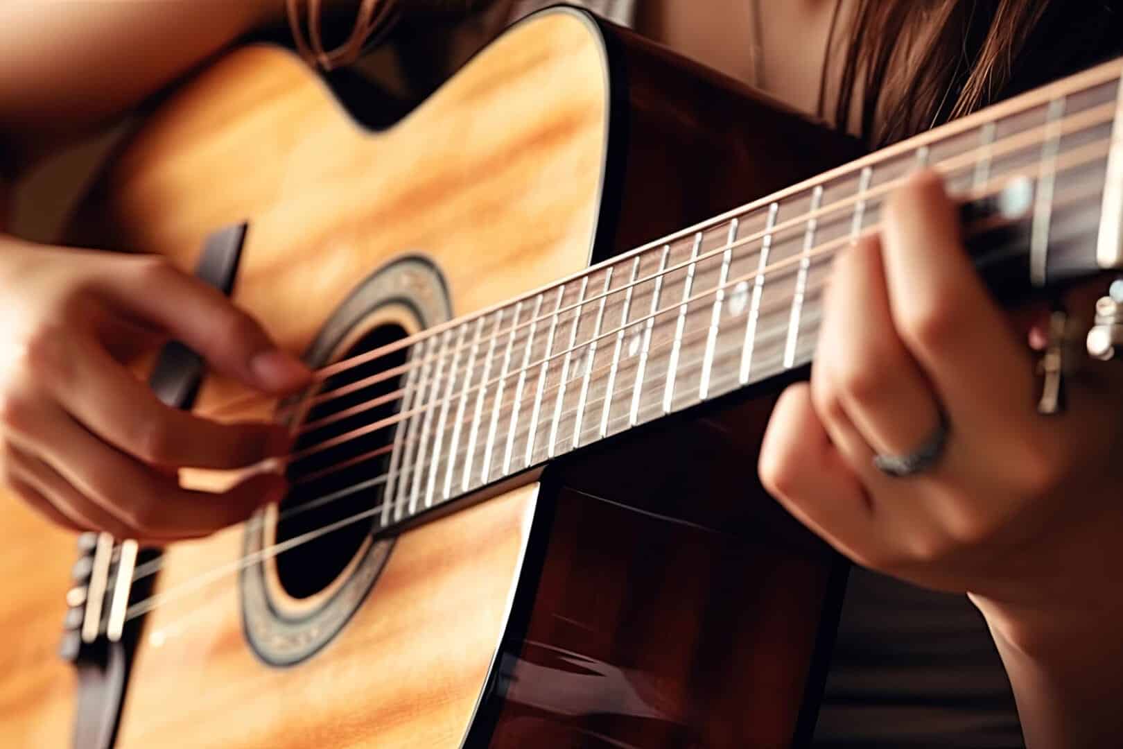 Hands of a person playing guitar wondering what music therapy is